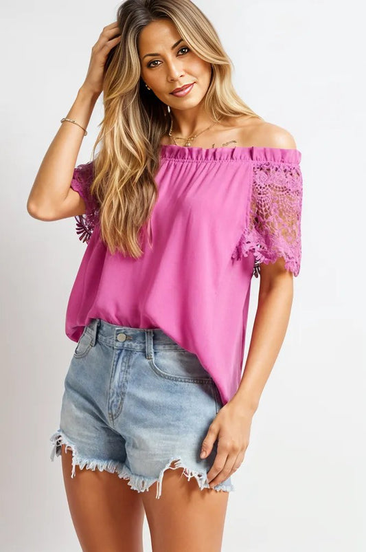 Crochet Lace Sleeveless Accent Off Shoulder Top